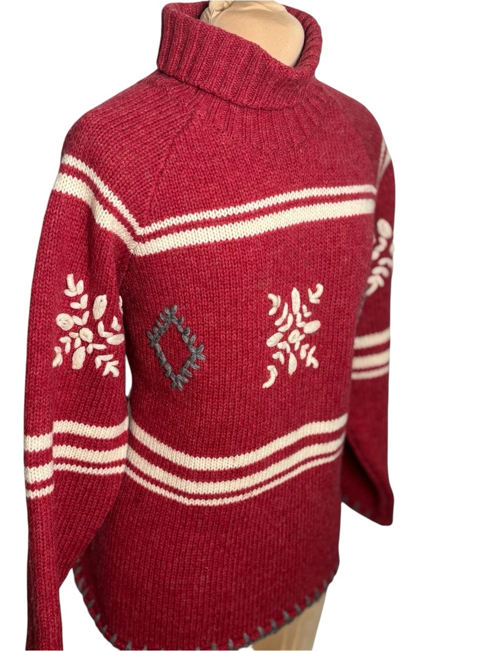 EMS 100% Wool Snowflake Turtleneck Sweater Burgundy Women's Large - Picture 2 of 9